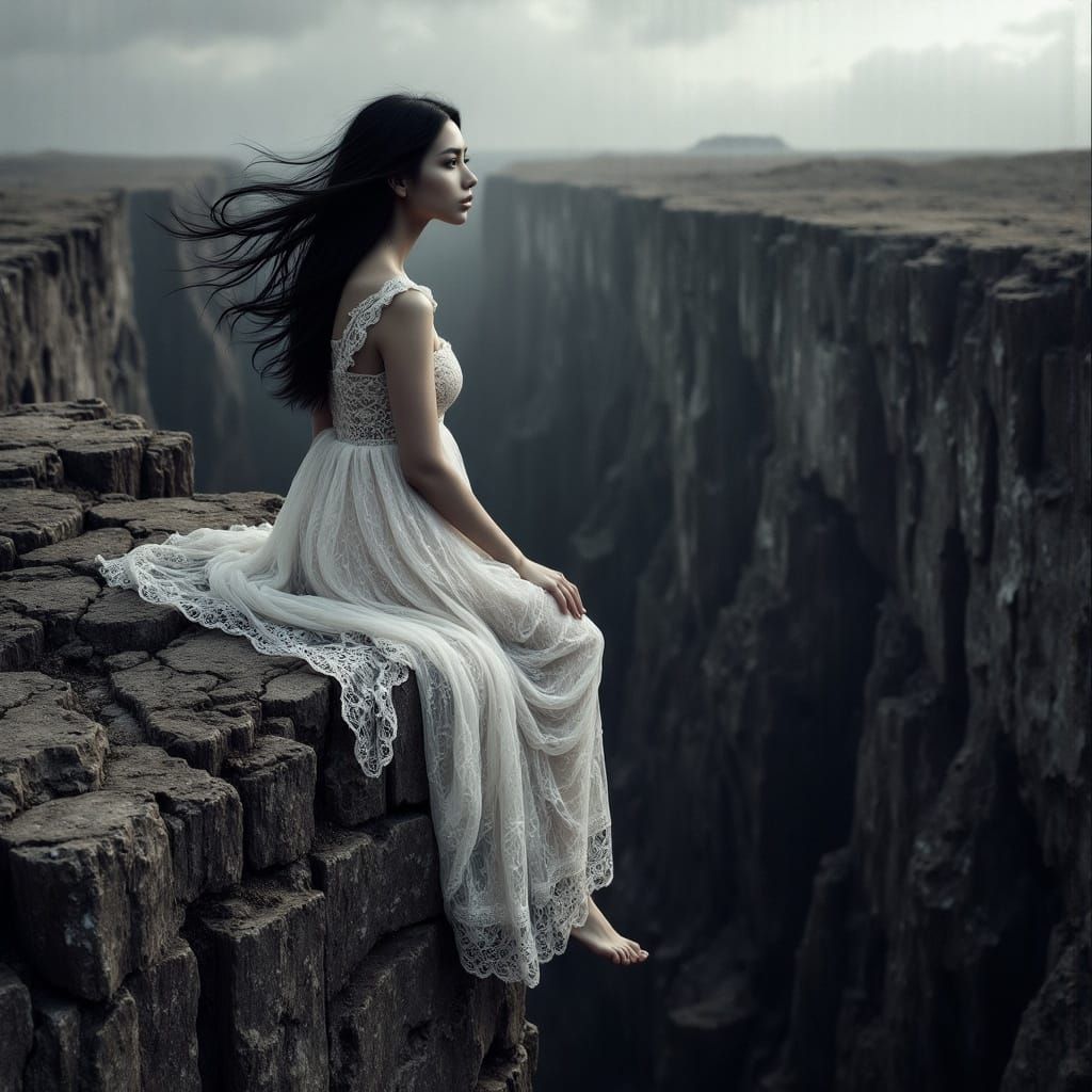 Woman Contemplates Abyss in Atmospheric Digital Art