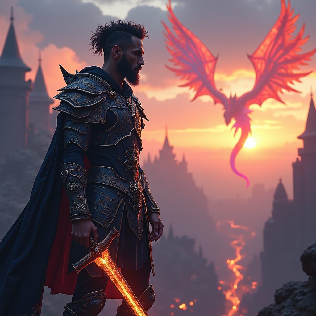 Fantasy Warrior in Ruined Cityscape