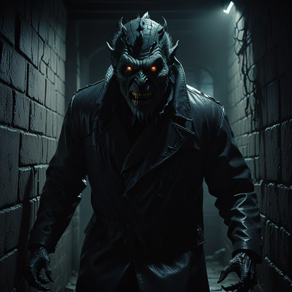 Gothic Monster Emerges from Shadows in Cyberpunk Style