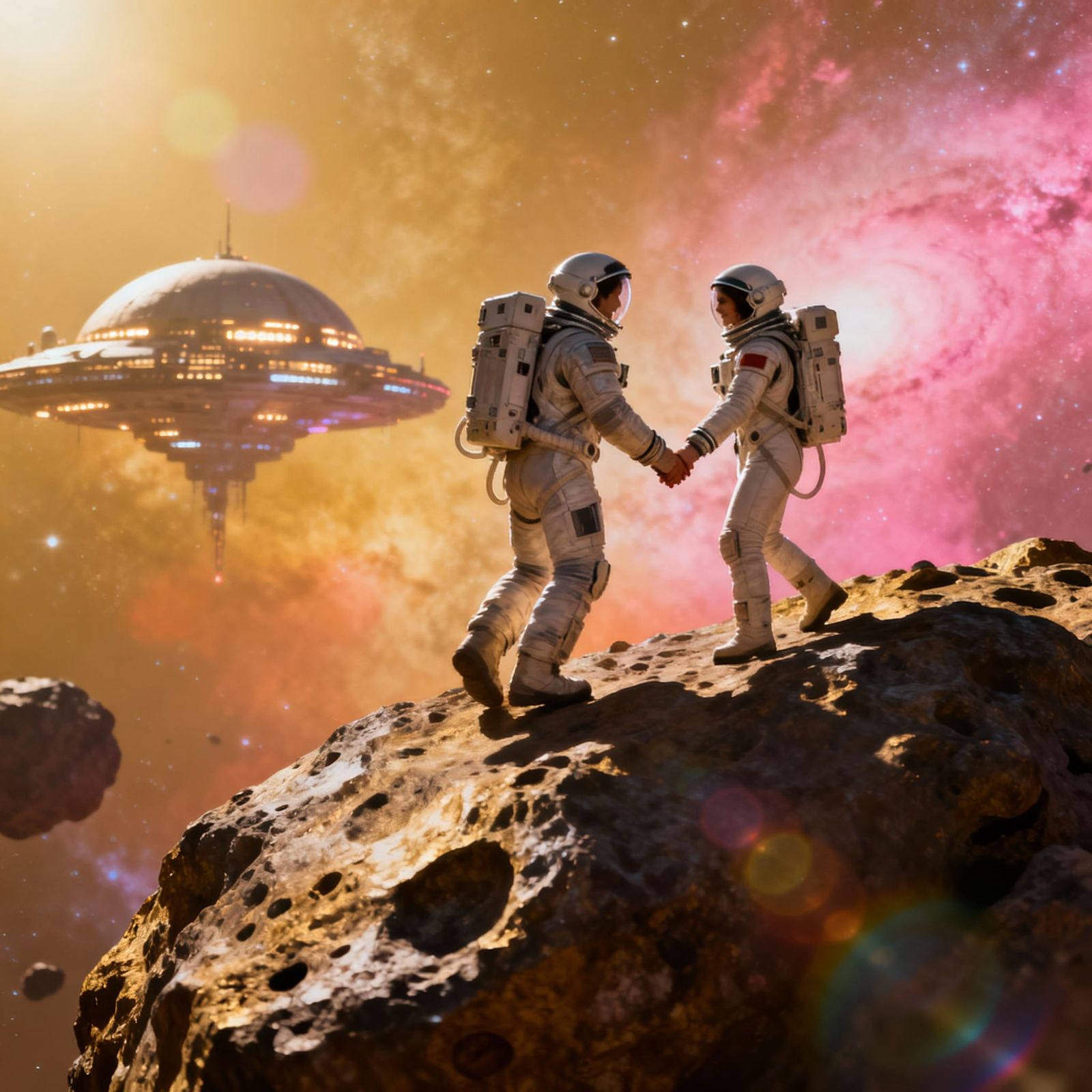 Romantic Spacewalk in Nebula: Astronauts in 2077