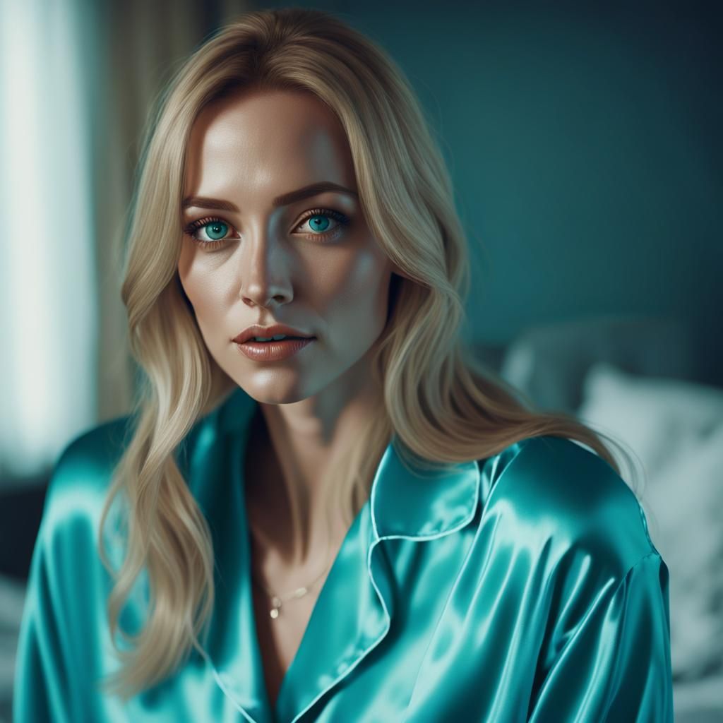 Woman in Turquoise Silk Pyjamas: Cinematic 8K