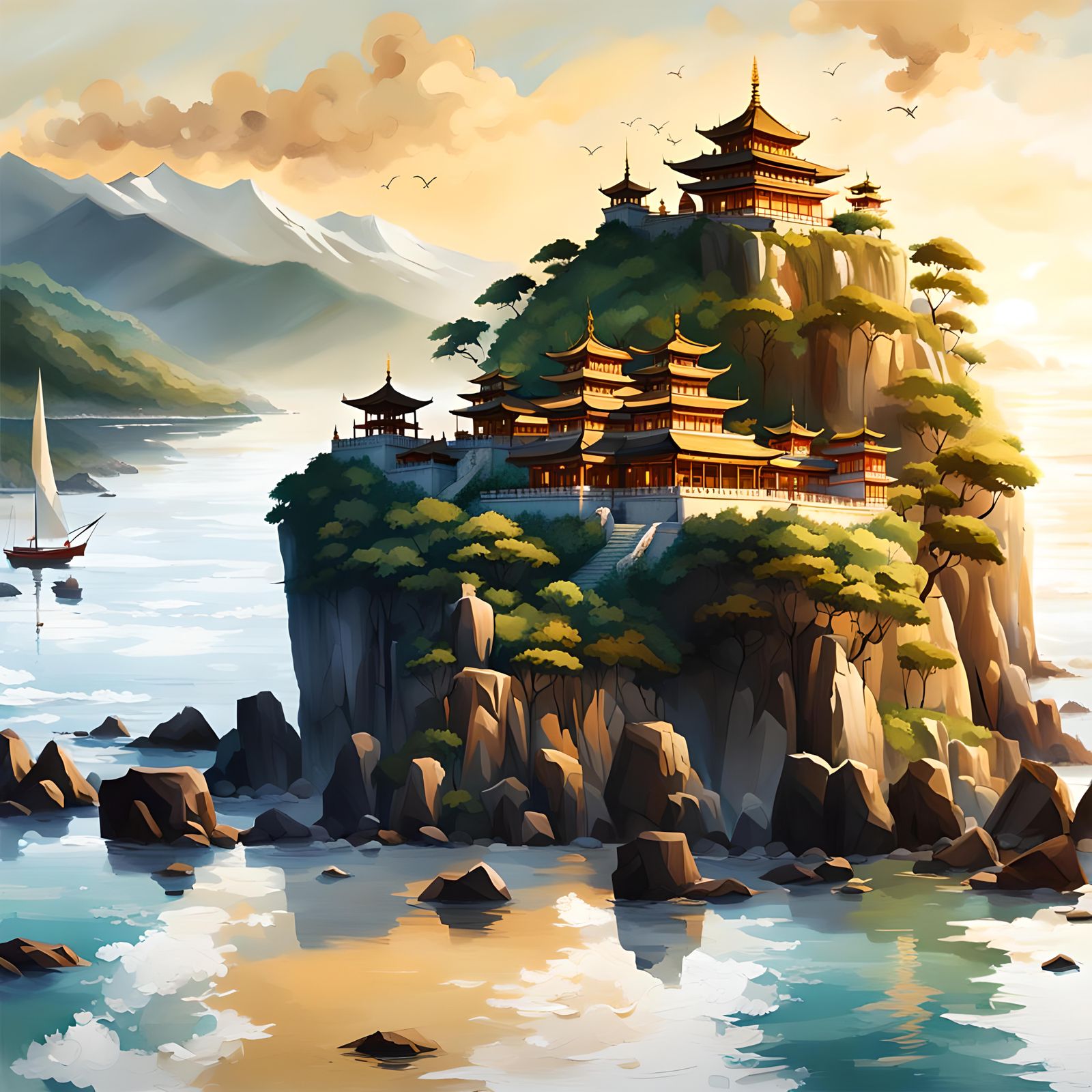 Serene Temples at Sea and Mountain Day