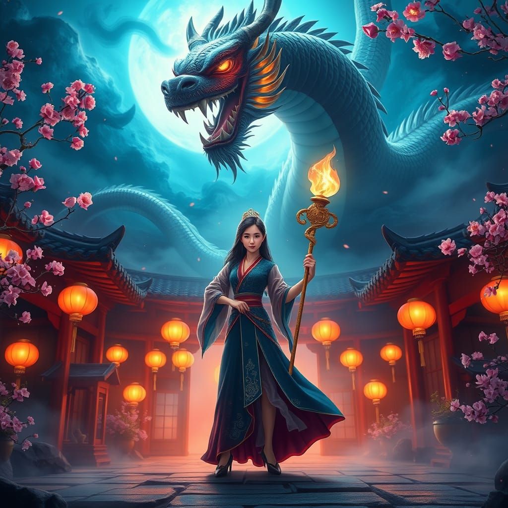 Mulan Surrounded by Serpentine Magic in Ancient Chinese Cour...