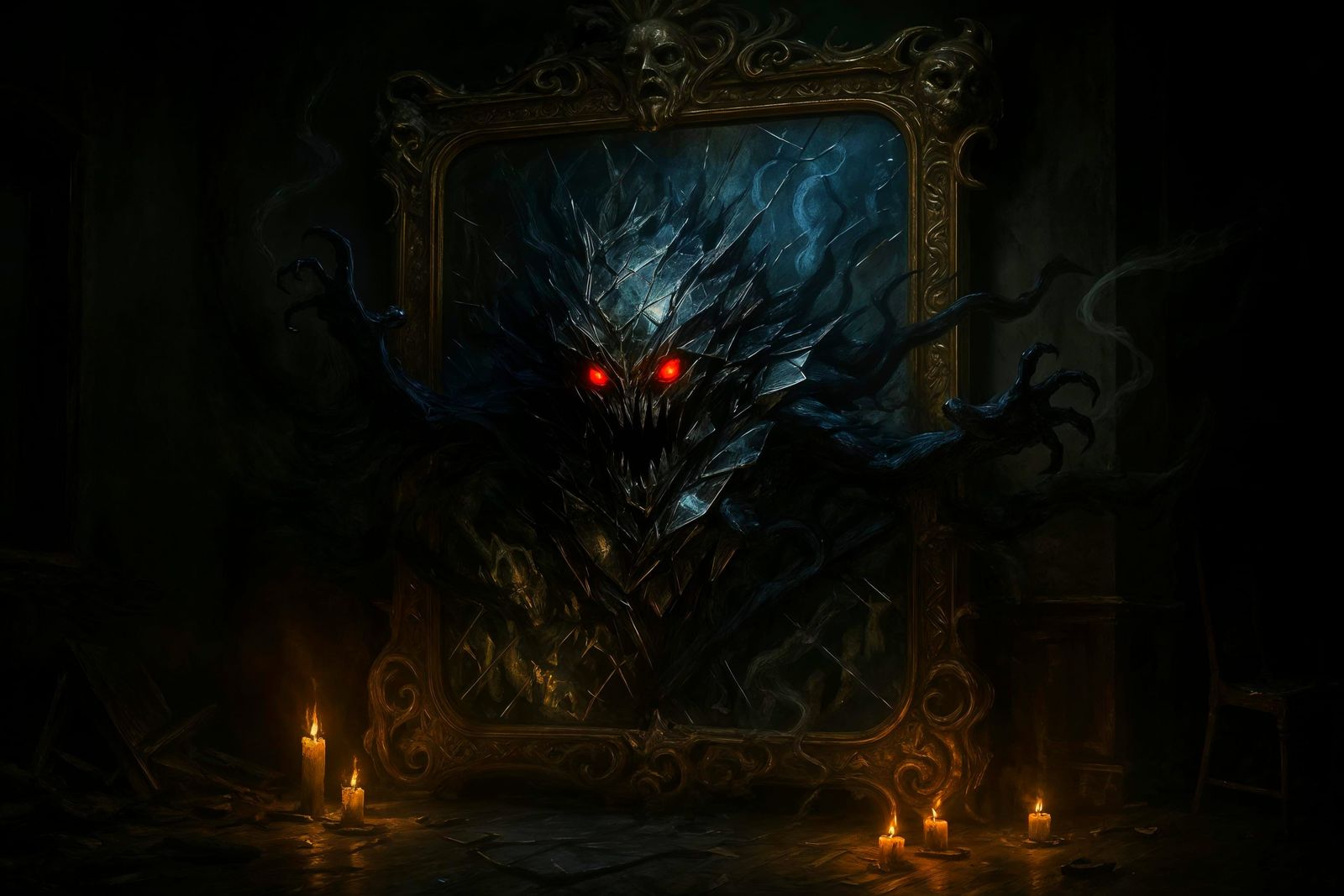 Terrifying Mirror Monster Erupts in Gothic Horror Style