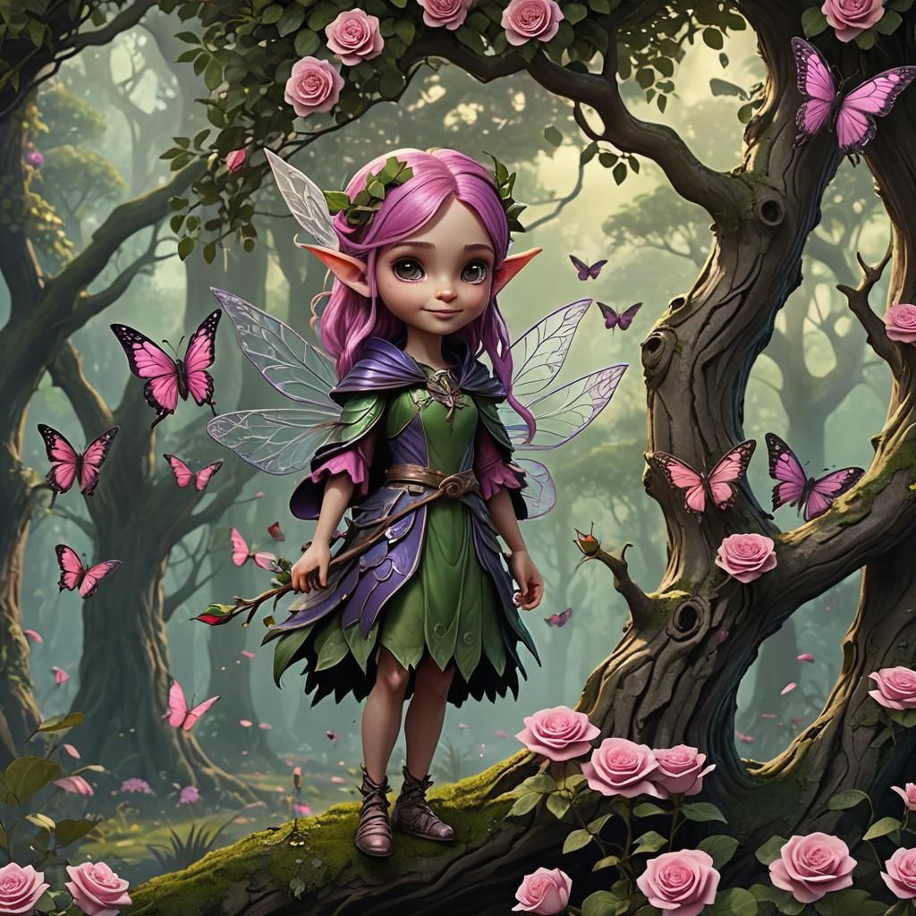 adorable cute spunky fairy with pink fairy wings dark purple green clothes, pink hair, hazel eyes, holding a single stem...