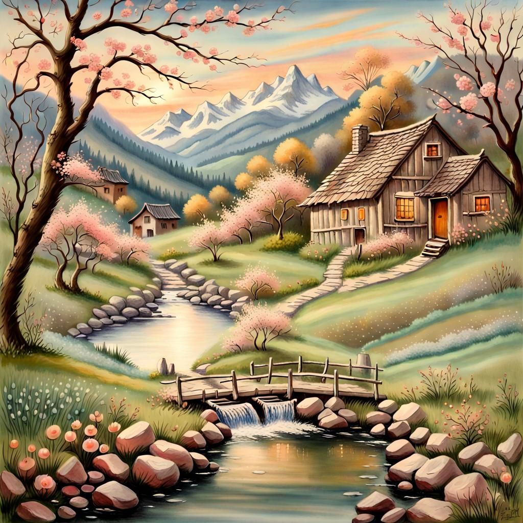 Pastel Mountain Stream with Blooming Apricots