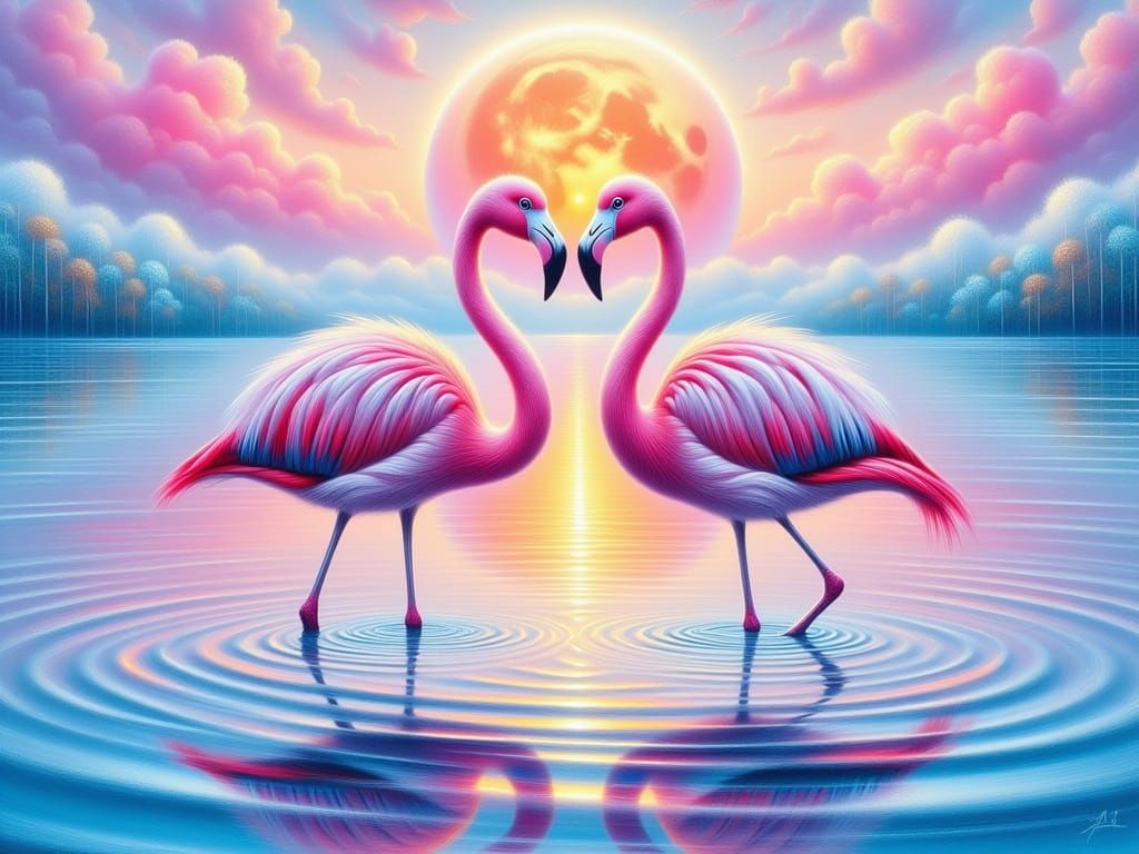 Romantic Flamingo Scene in Soft, Airbrushed Oil Paint Style