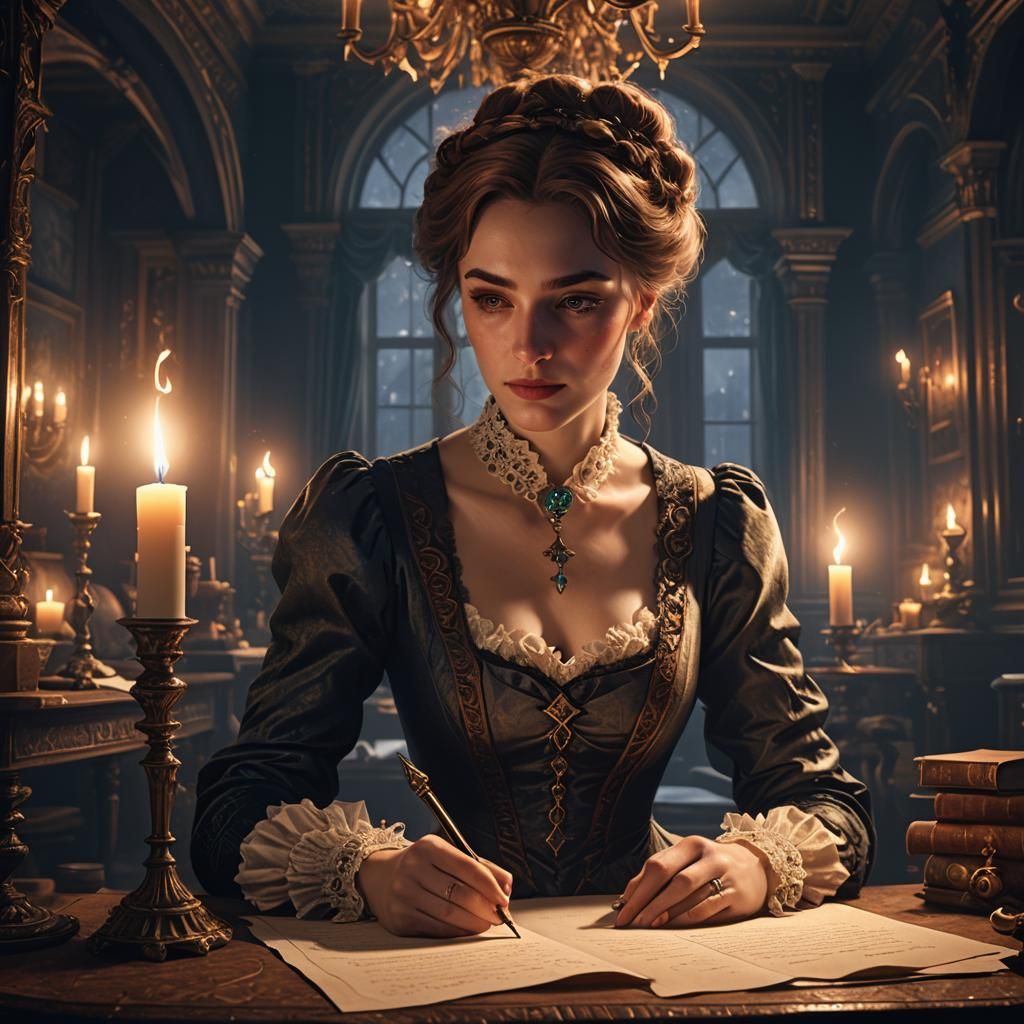 Victorian Woman Writing Letter: Detailed Matte Painting