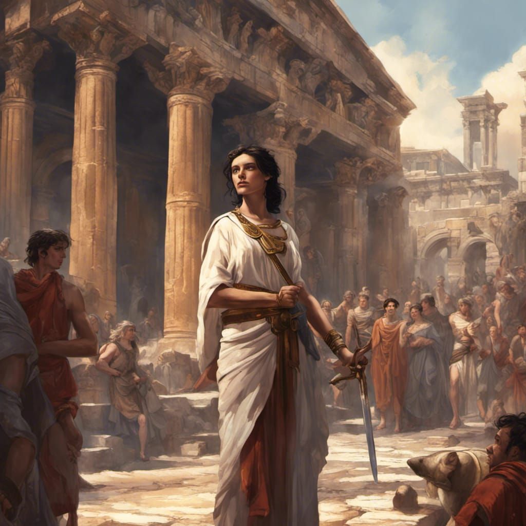 Roman Woman Warrior in Sunny City, Detailed Painting