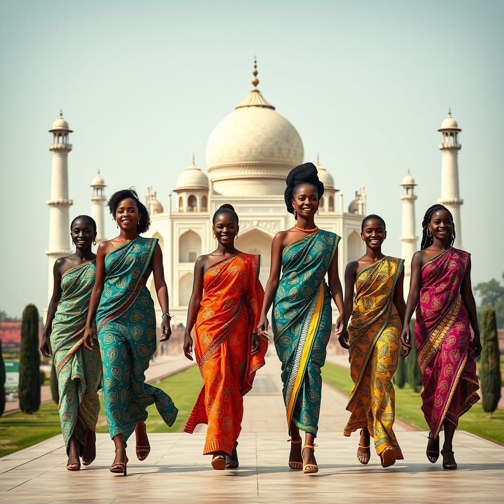Modern Moroccan Women in Traditional Saris at Taj Mahal