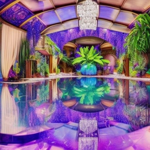 Magical indoor oasis with blue water lilies& serene crystal clear blue water& amethyst cluster wall& oasis vibes& magica...