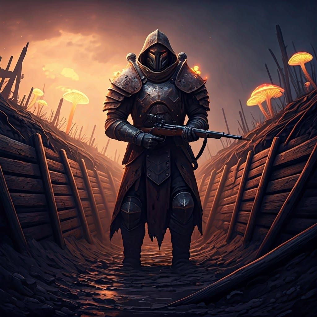 Trench Crusader in Regal, War-Torn Landscape