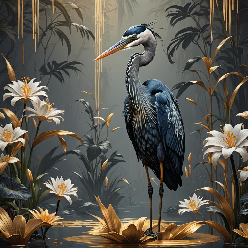 Metallic Heron with Gold Details in Art Deco Style