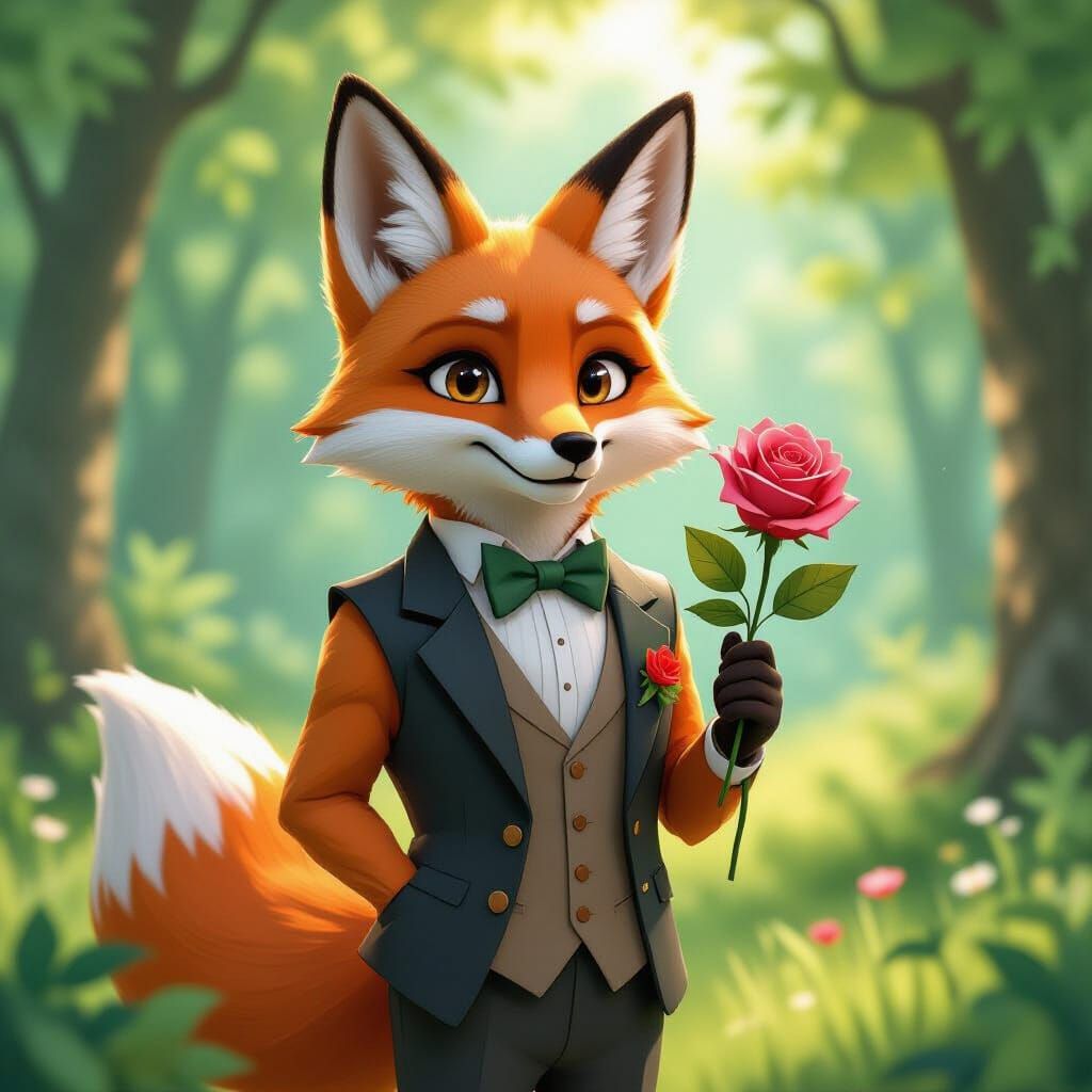 Origami Fox with Rose in Sunlit Forest, Ghibli Style