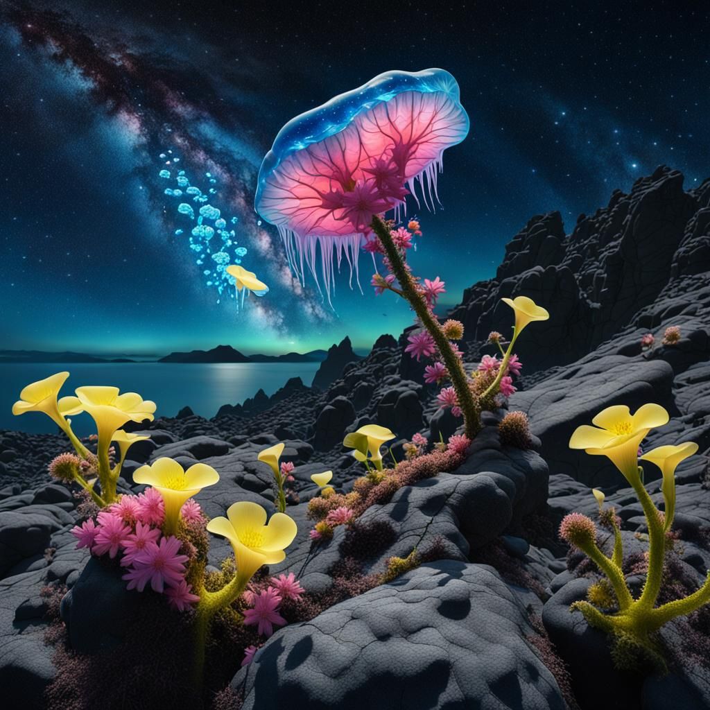 Carnivorous Jelly Flowers on Basalt Rock