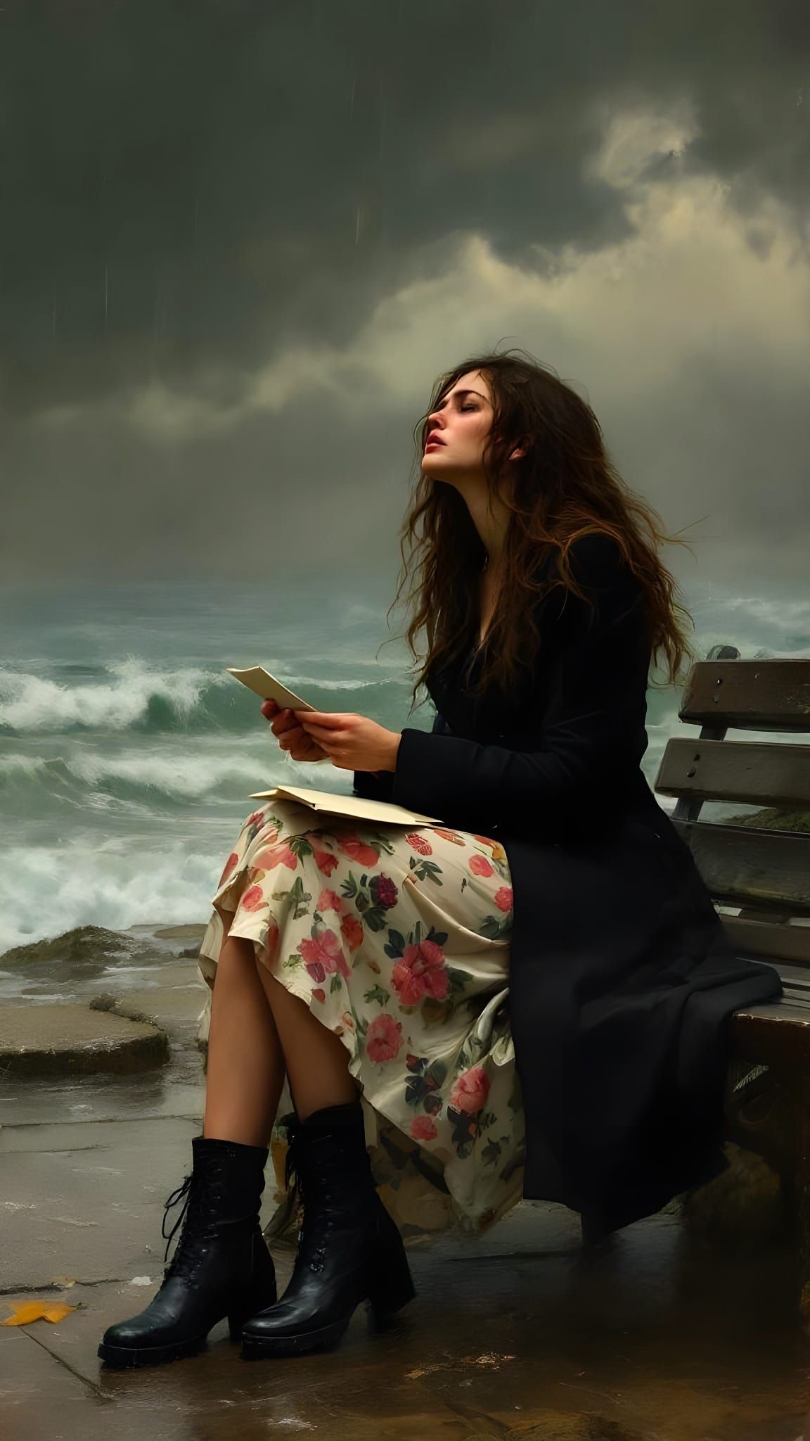 Lonely Woman Crying in the Rain: An Oil Painting