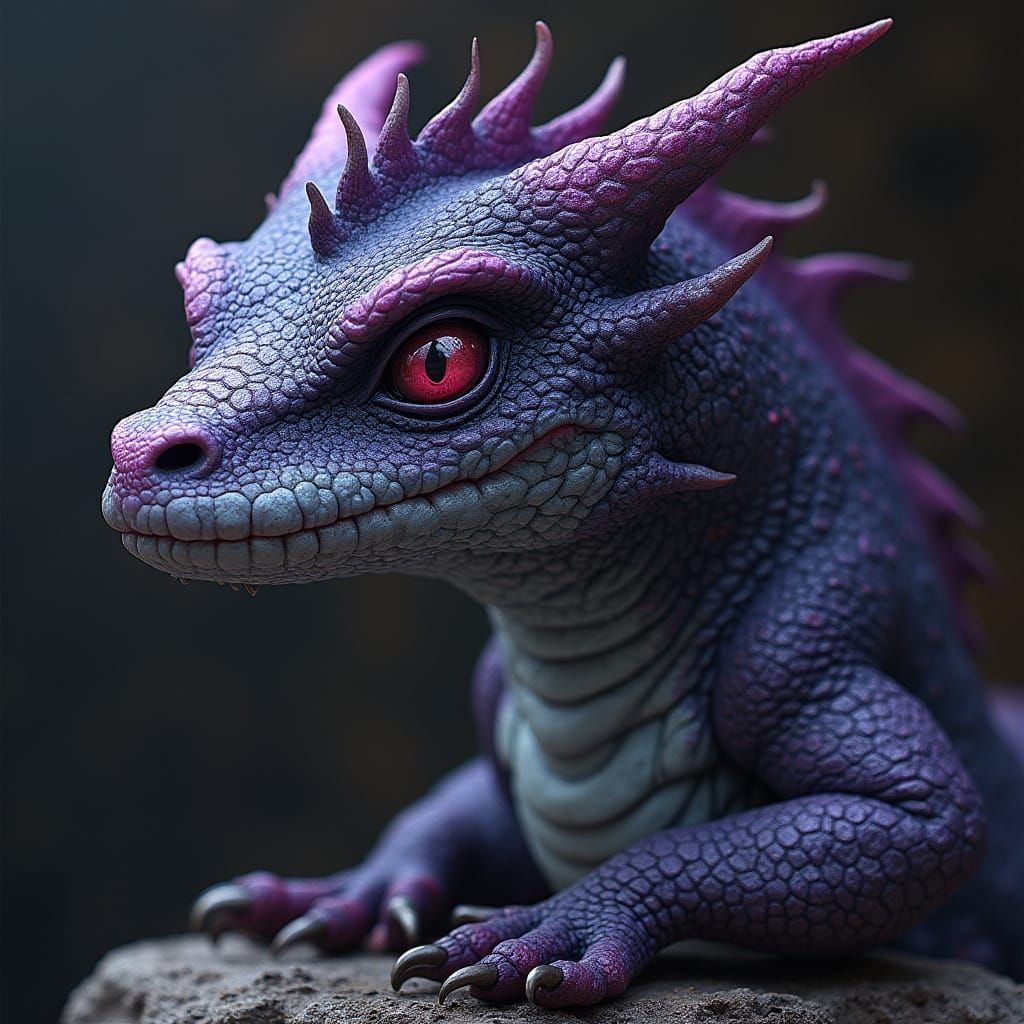 Dark Mythical Athlete with Violet Scales and Golden Eyes