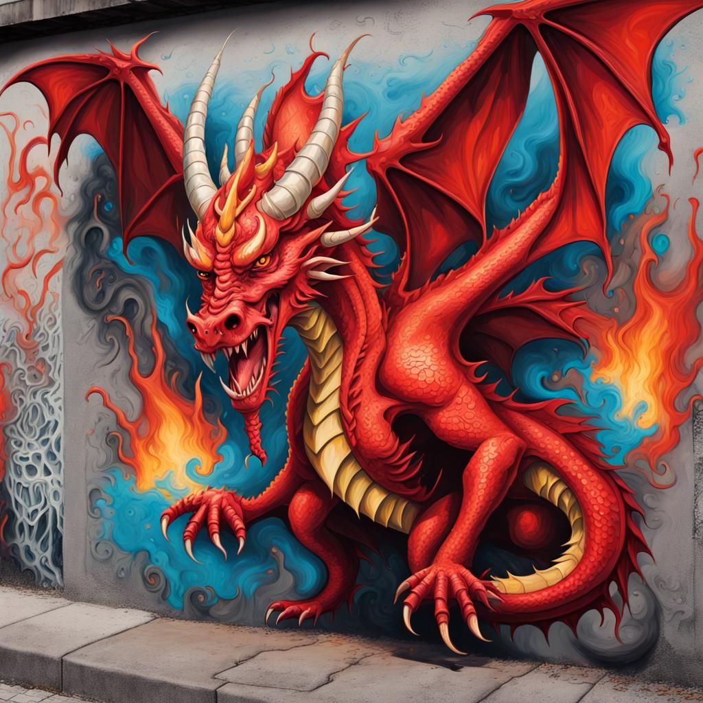 Red Dragon Graffiti Art with Fiery Breath