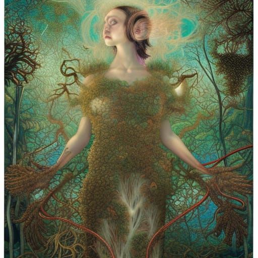 Tools-Human Hybrid Woman in Mycelium Network