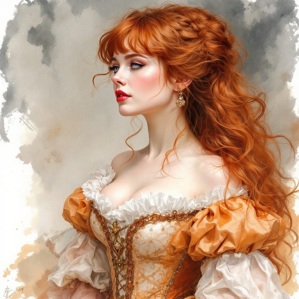 Intricate Watercolor Portrait of a Regal Lady in 18th Centur...