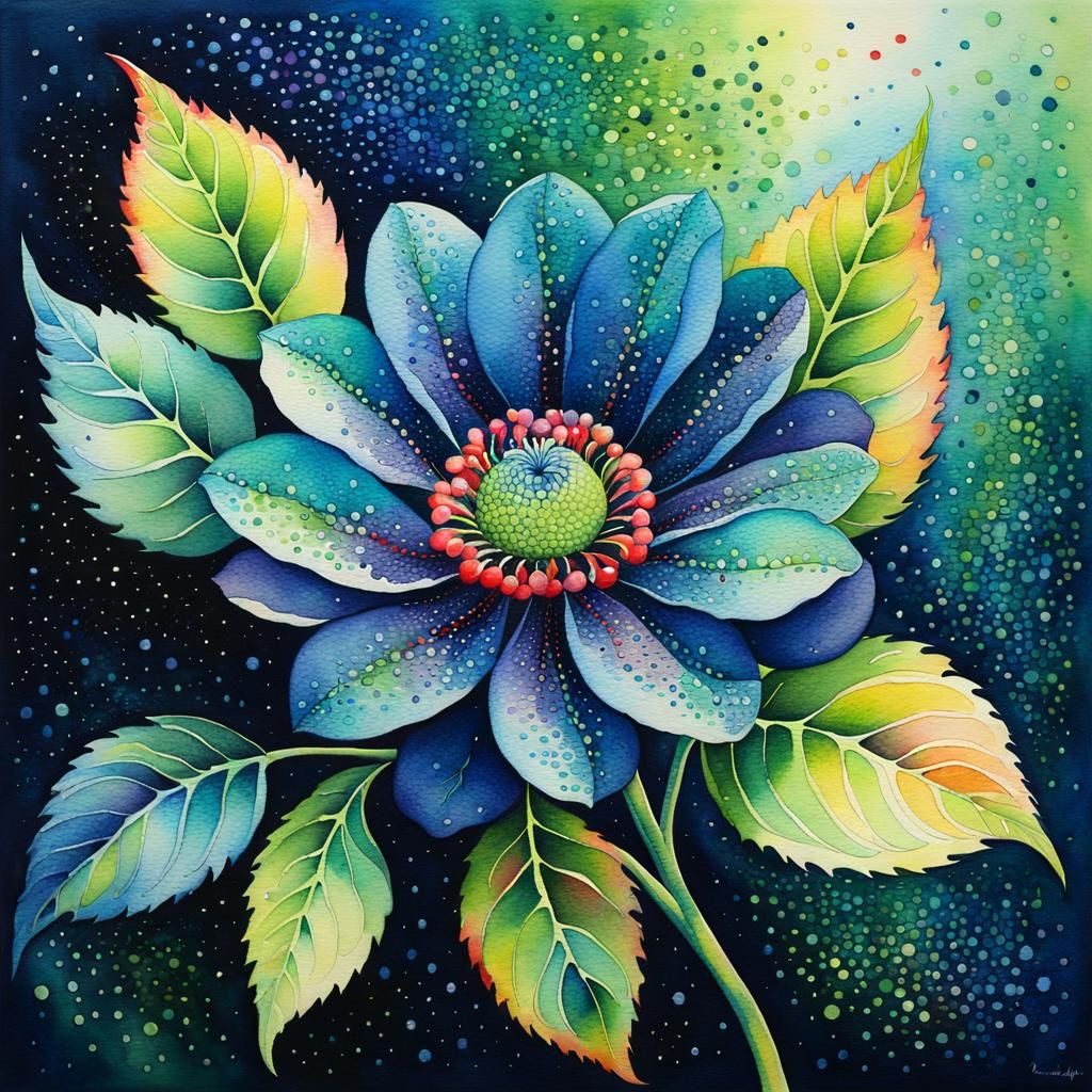 Surreal Blue Flower in Pointillism Aquarelle Painting