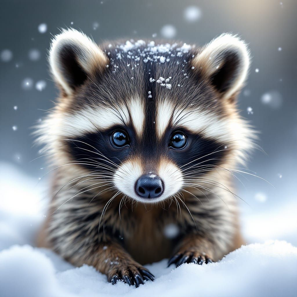 Baby Racoon Portrait in Snowy Forest