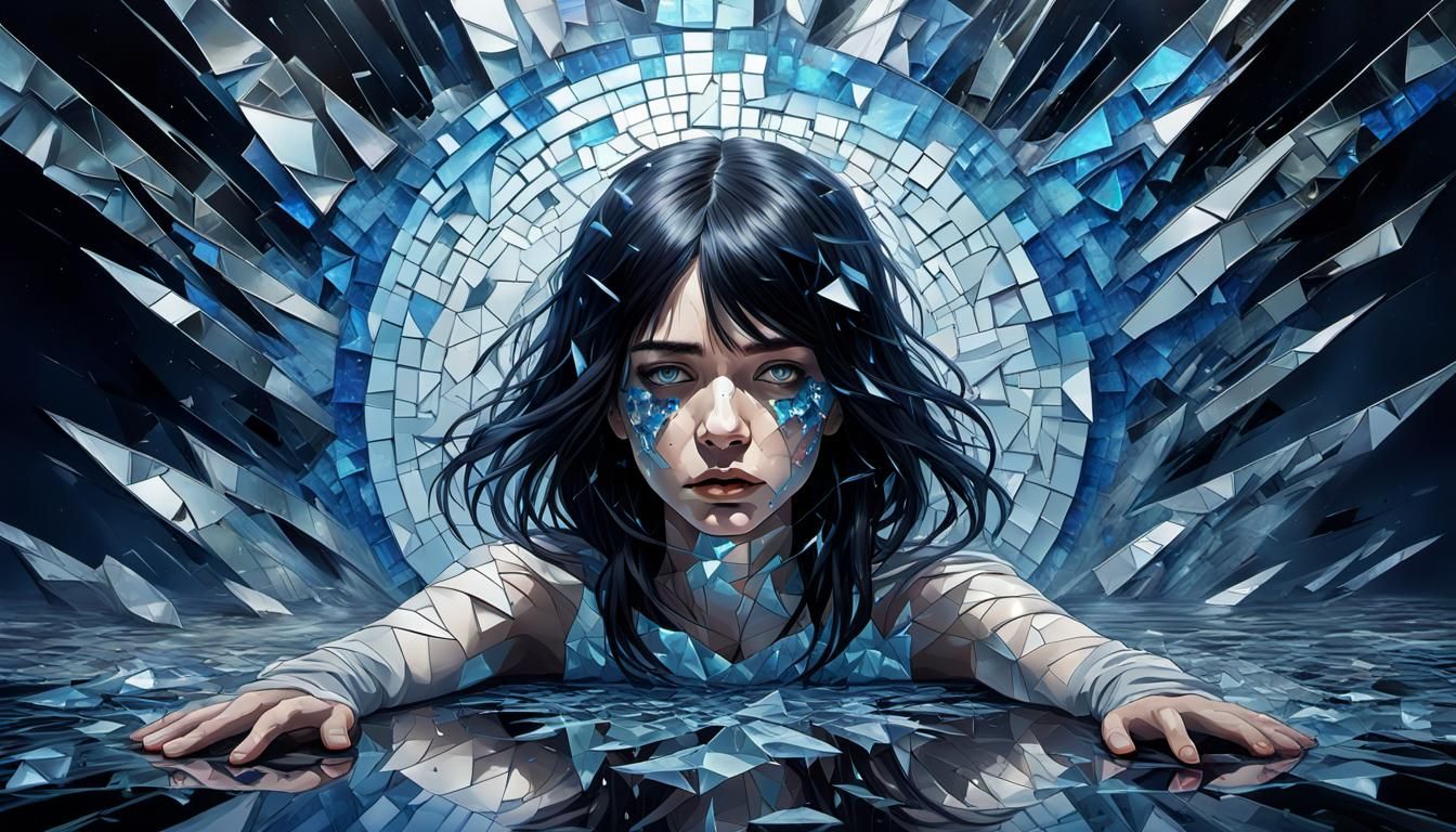 Shattered Reflection: Sad Woman in Broken Mirror