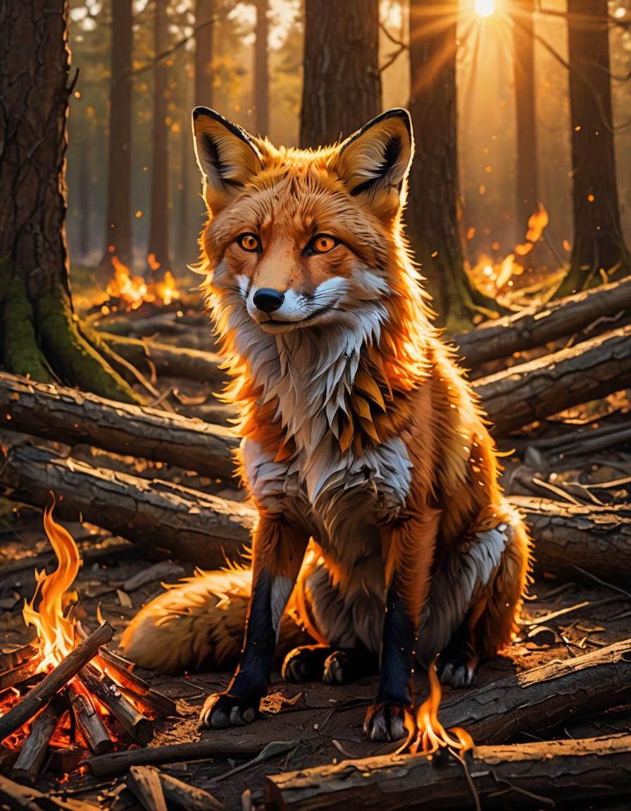 Surreal Fox Emerges from Blazing Campfire in Hyper-Realistic...