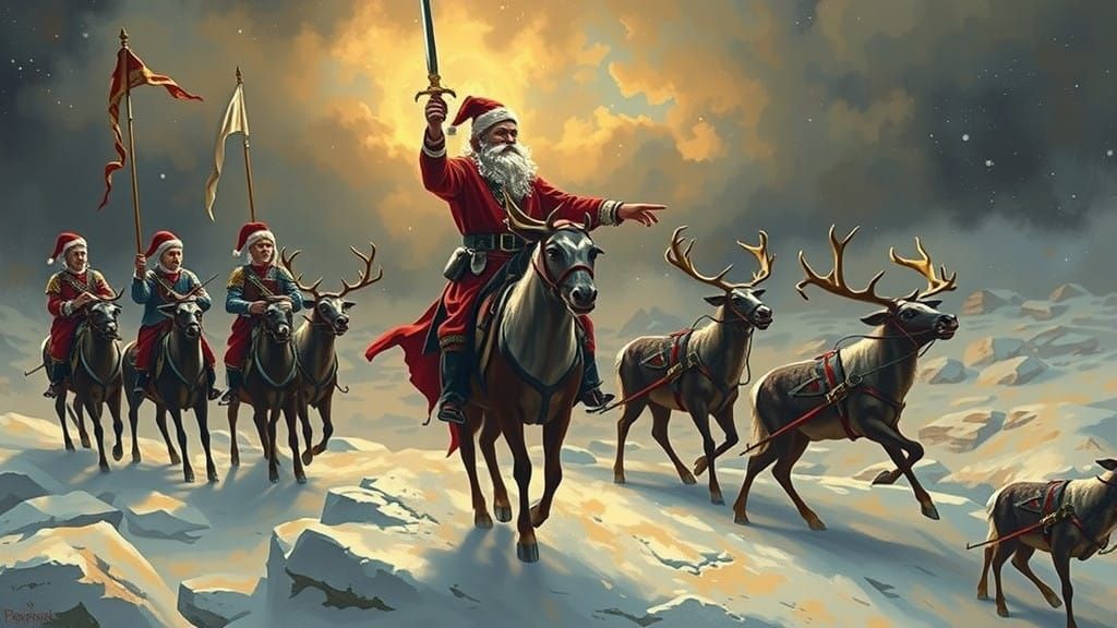 A Renaissance era oil painting of Santa claus circa year 1580, as a military commander, wide shot, dressed in a militari...