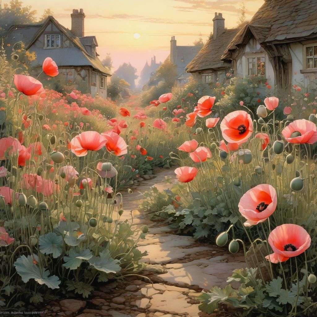 Poppies in Pink Evening Light: Detailed Floral Art