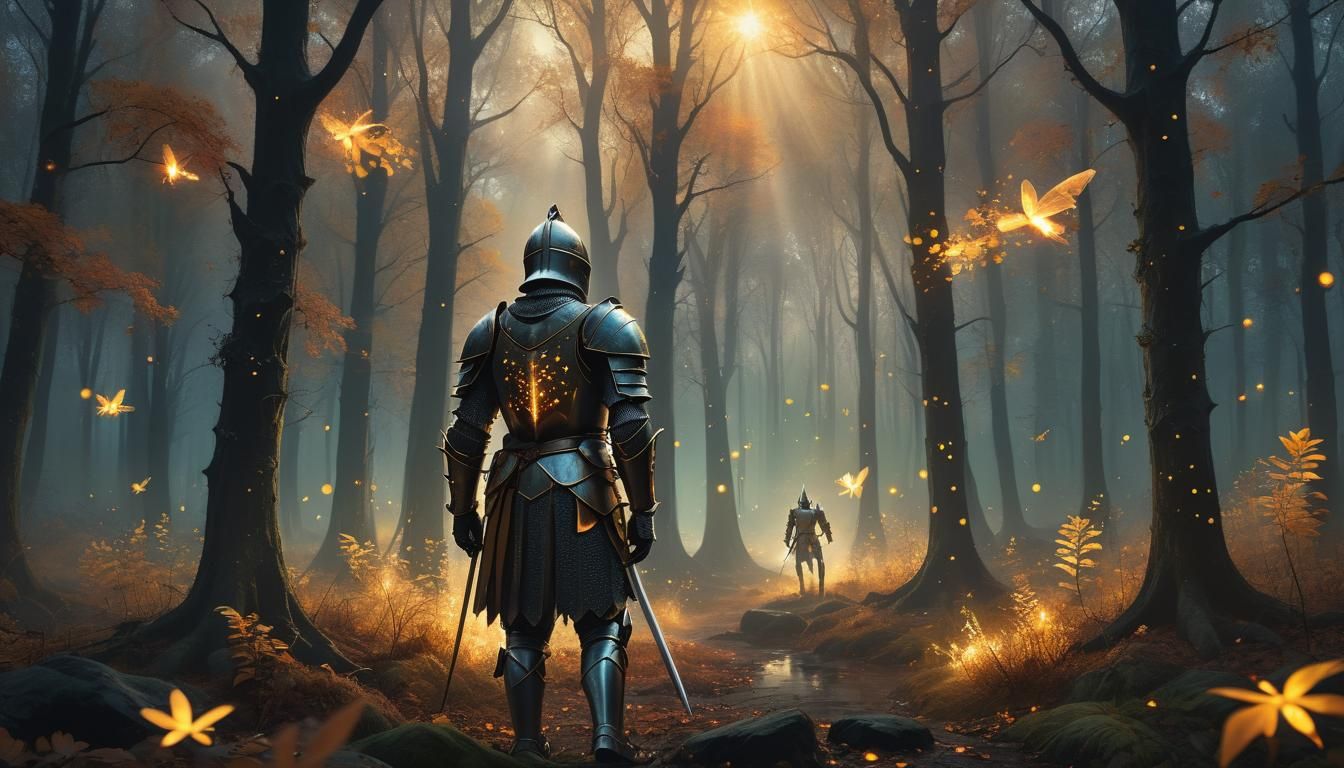 Knight in Magical Forest at Twilight: Digital Painting