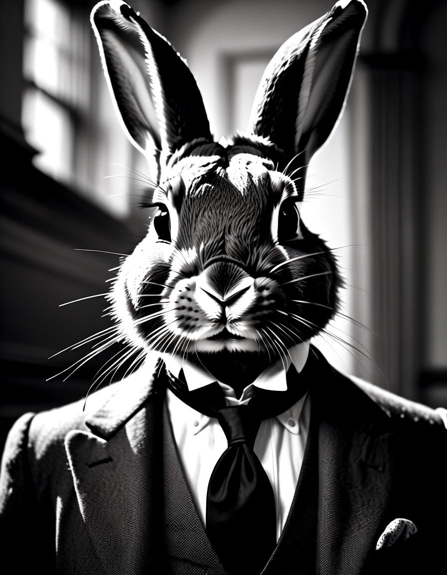 Victorian Rabbit Gentleman: Black and White Portrait