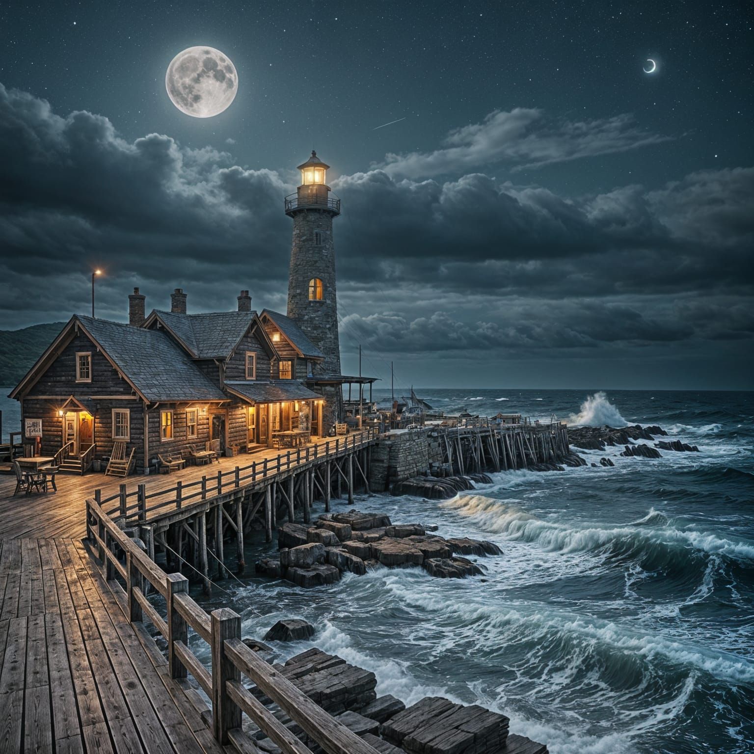 Weather-Beaten Tavern at Night with Distant Lighthouse