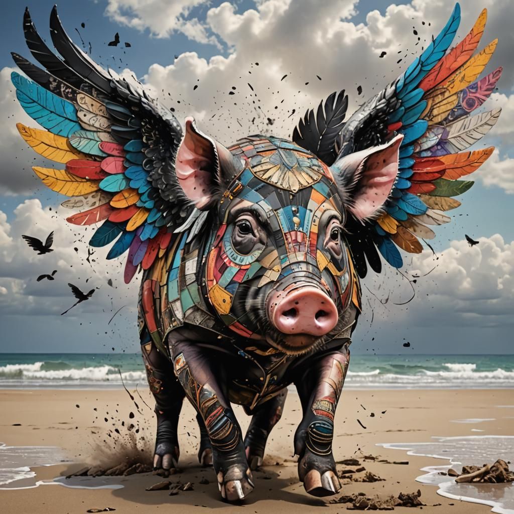 Surreal Winged Pig Flies at the Beach