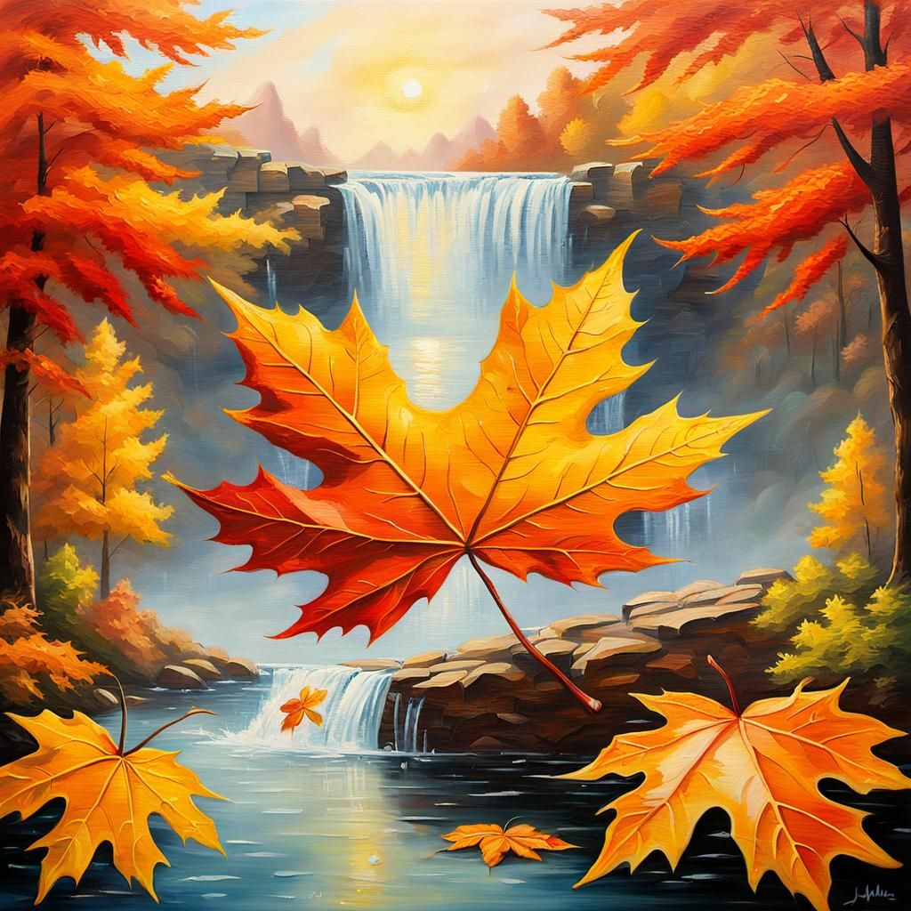 Autumn Maple Leaf Reflecting Landscape as Impasto Painting