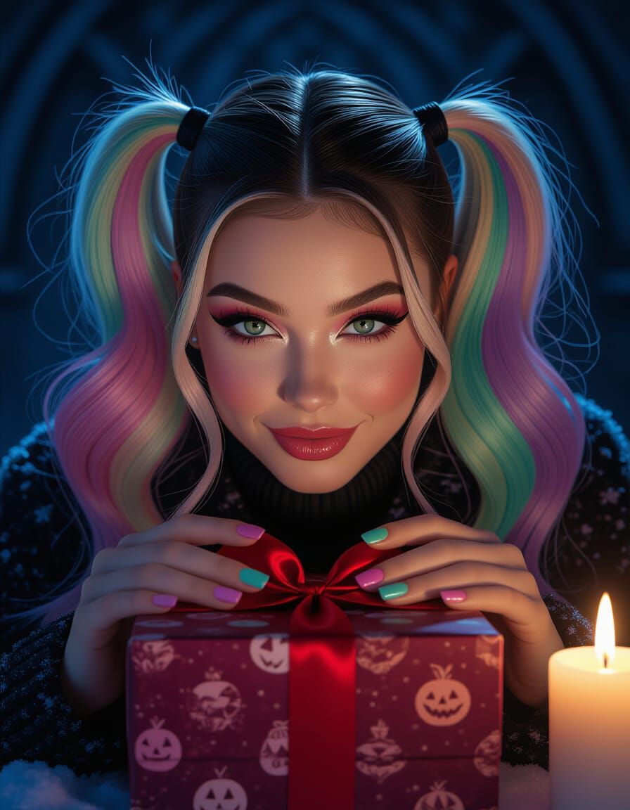 Cheeky Woman with Rainbow Ponytails Receives Mysterious Gift