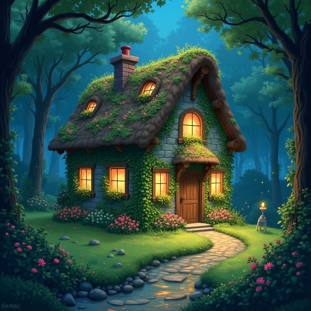 Enchanted Cottage in Ghibli-Inspired Forest