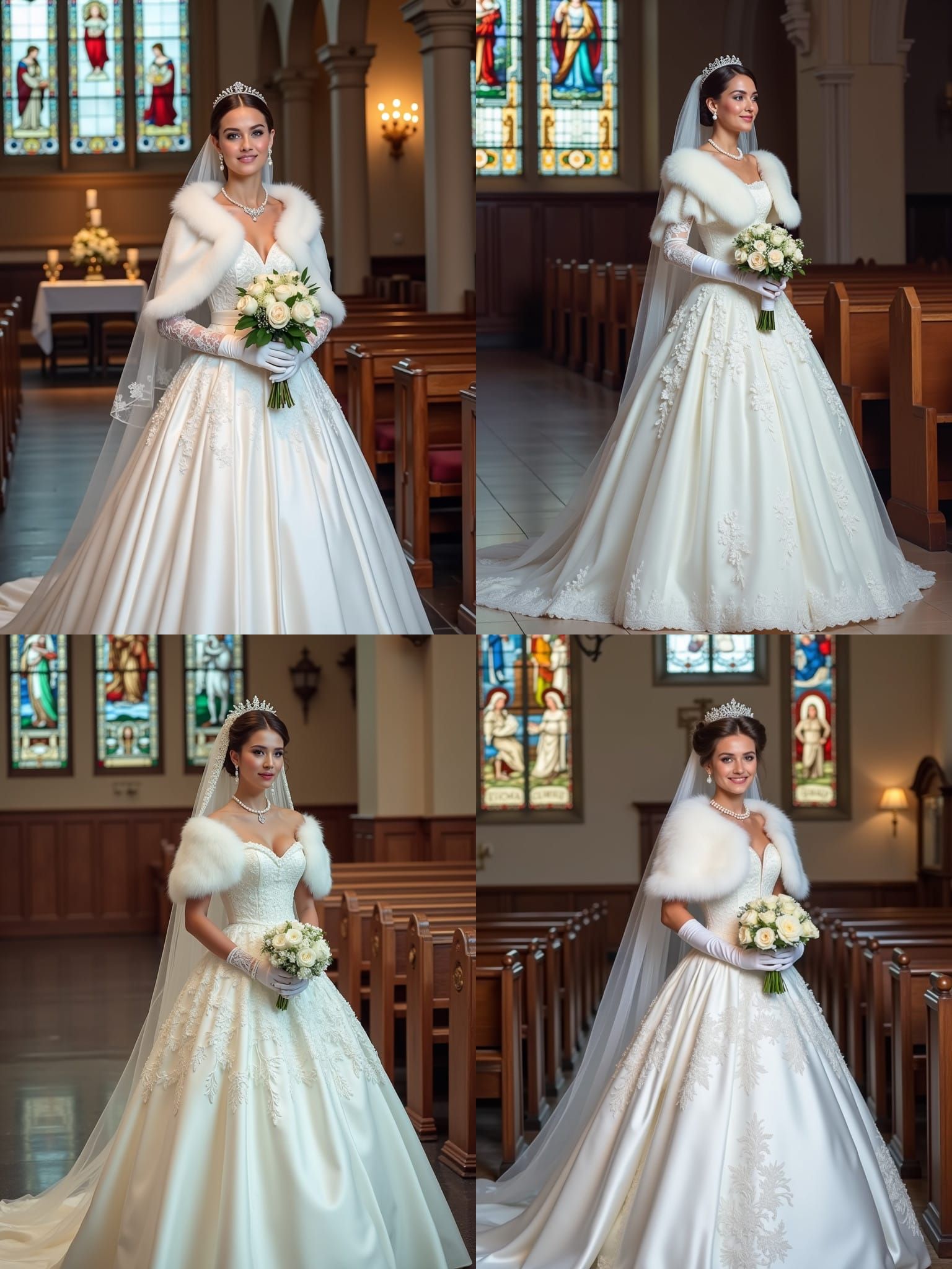 Elegant Bride in White Satin Gown with Lace Veil
