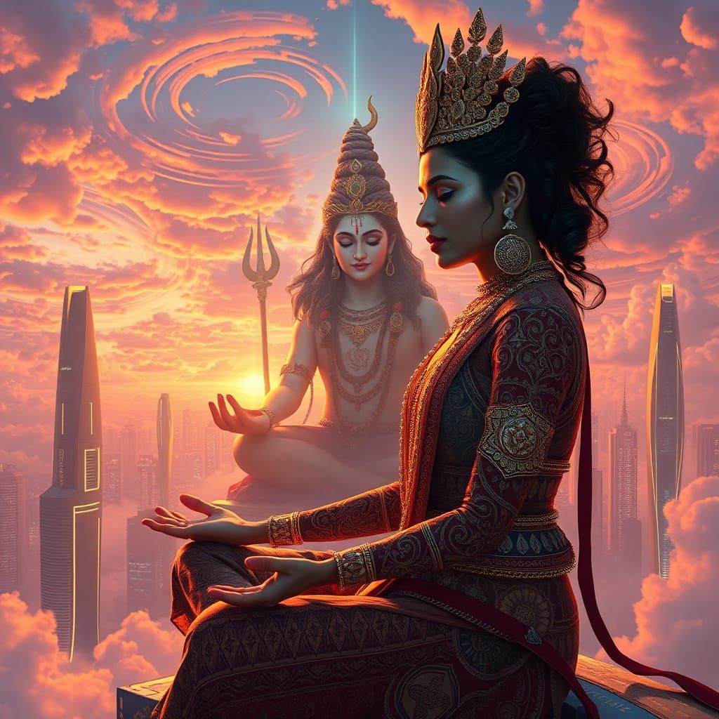 Futuristic India: Woman and Shiva Meditate in Sky City