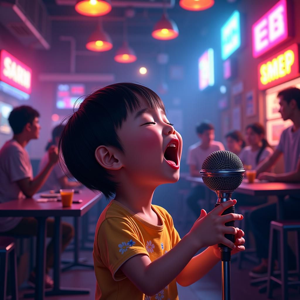 Child Sings Karaoke in Dark Cinematic Superflat Style