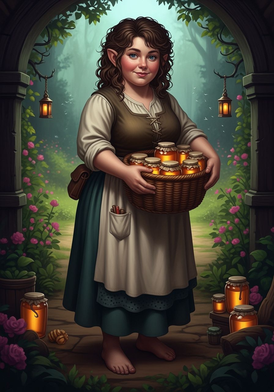 Friendly Hobbit Woman Holds Honey Jars in Matte Painting