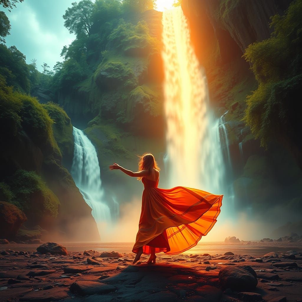 Ethereal Woman Dances Under Glowing Waterfall in Dreamy Colo...