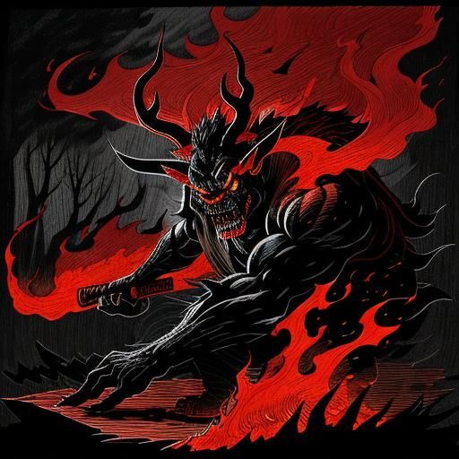 Ethereal Red Demon in Dark Forest, in a Japanese Woodblock S...