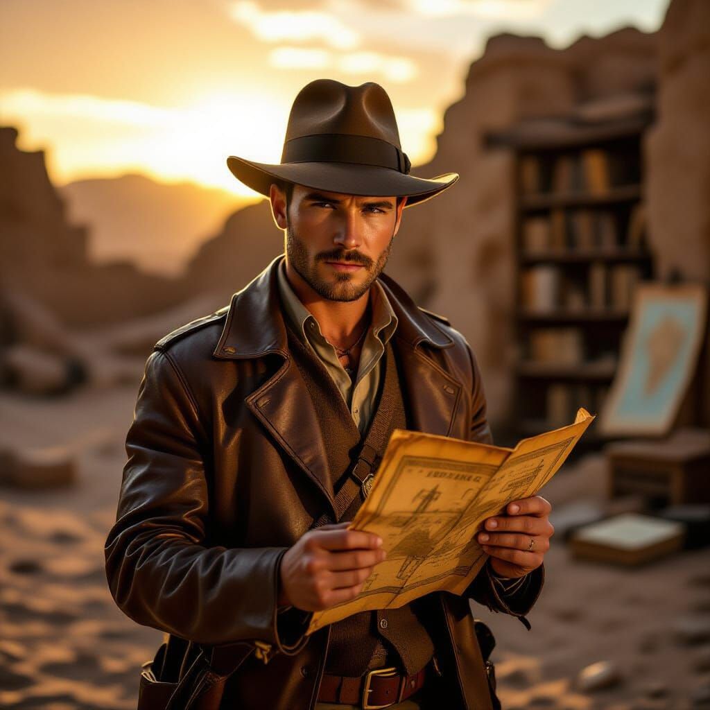 Adventurer Indiana Jones in Desert Ruins at Sunset