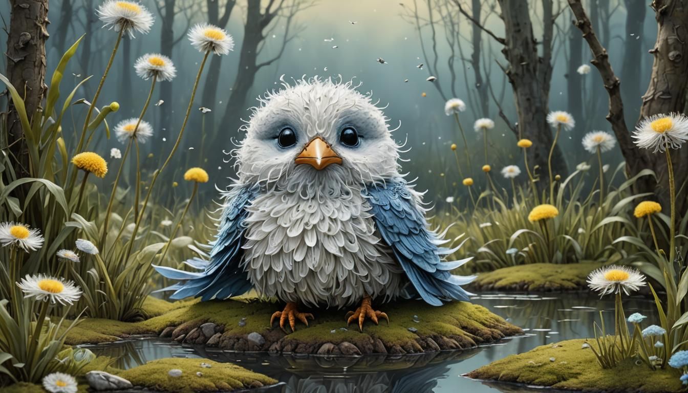 Adorable Bird in Dandelion, Impressionistic Style
