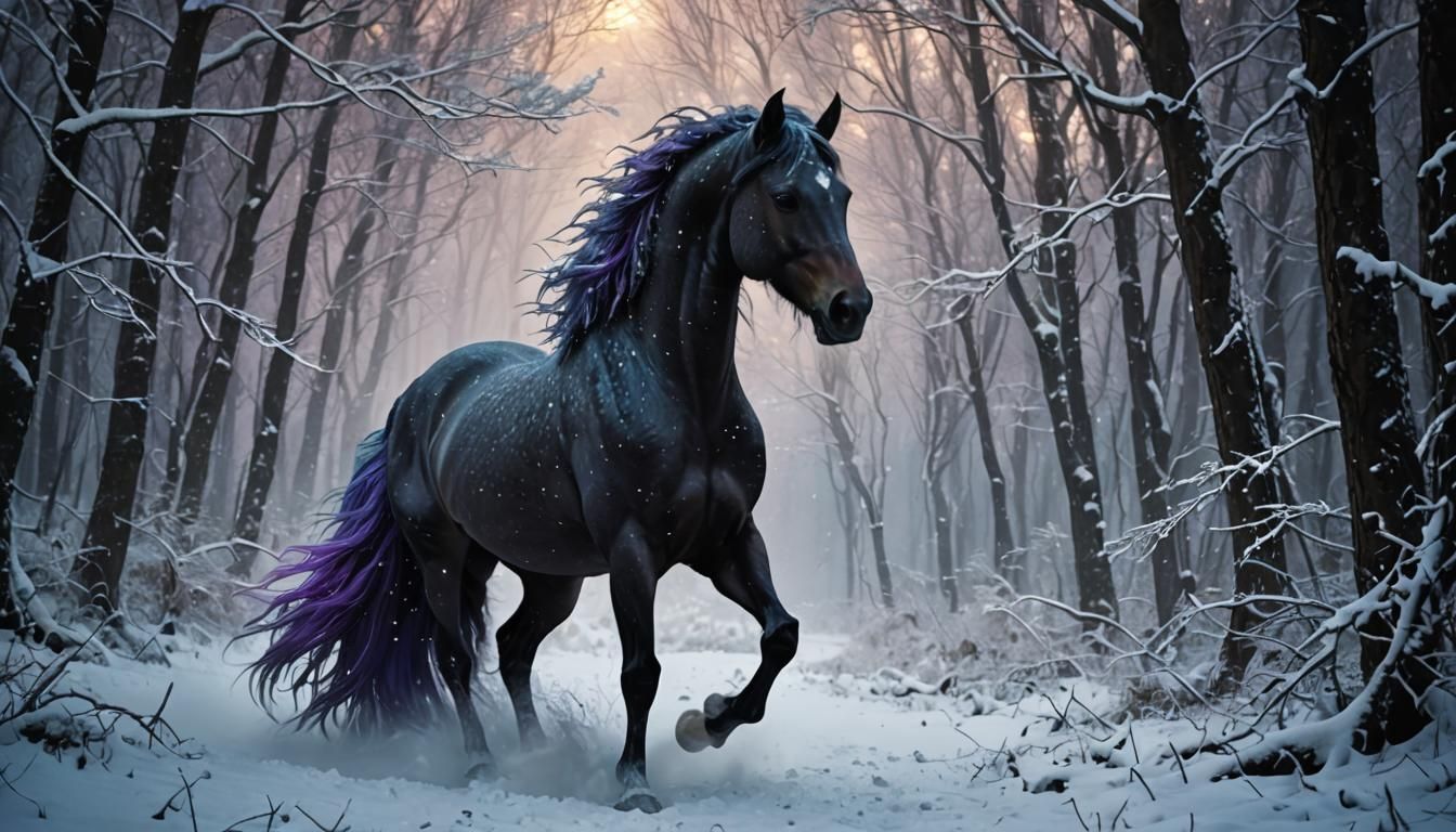 Horse Disappearing into Blizzard in Dark Fantasy Art