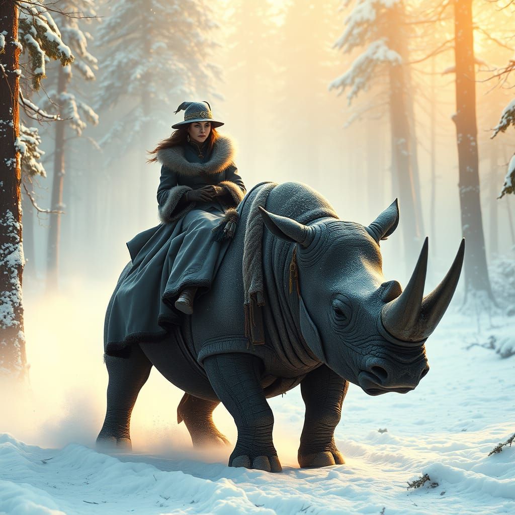 Regal Woman and Rhino Charge Through Frosty Snowy Forest