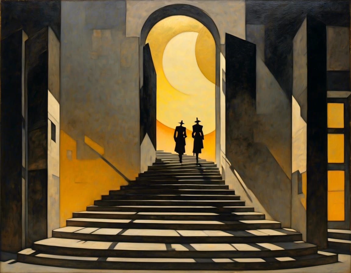 Dystopian Stairway with Androids at Sunset