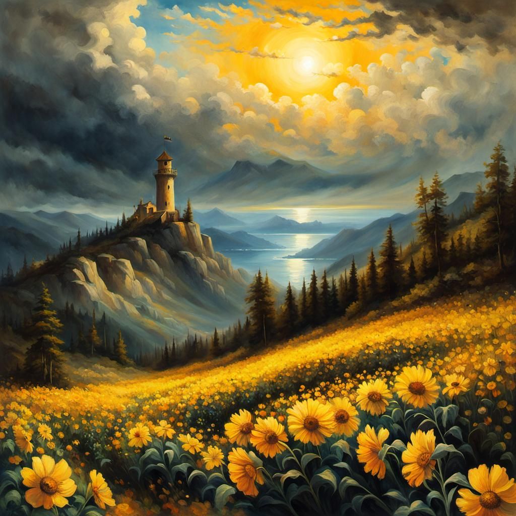Dramatic Yellow Flowers in Dark Romantic Landscape