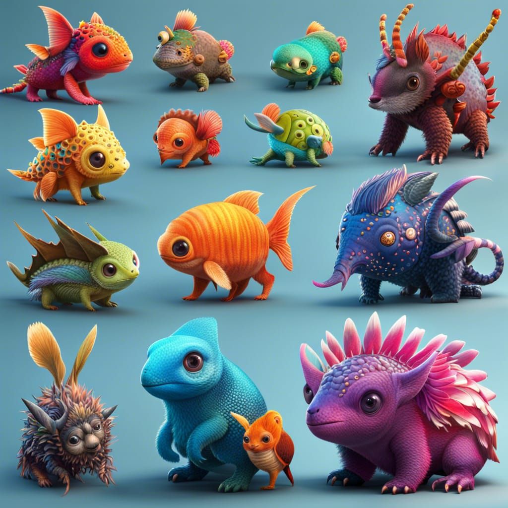 Colorful Cute Fantasy Creatures in Hyperdetailed 8K